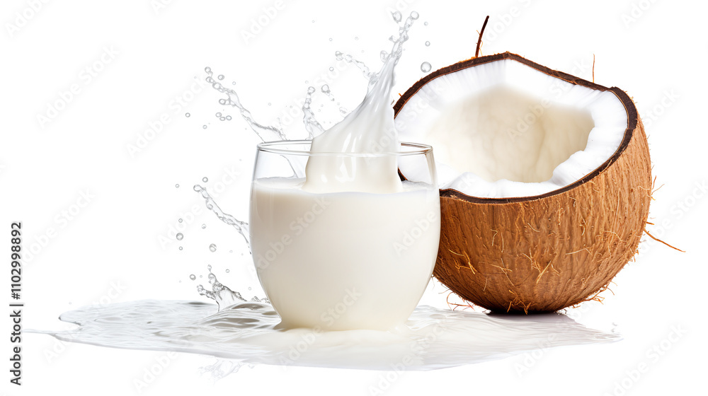 Glass of coconut milk and broken coconut isolated on white background. Plant-based, lactose-free milk. Glass of coconut milk and broken coconut isolated on white background. Plant-based, lactose-free milk.