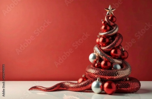 Red snake coils around a Christmas tree and decorated with silver and red balls on red background. Copy space. Concept: festive celebrations, New Year, advertising photo, Symbol of the year photo