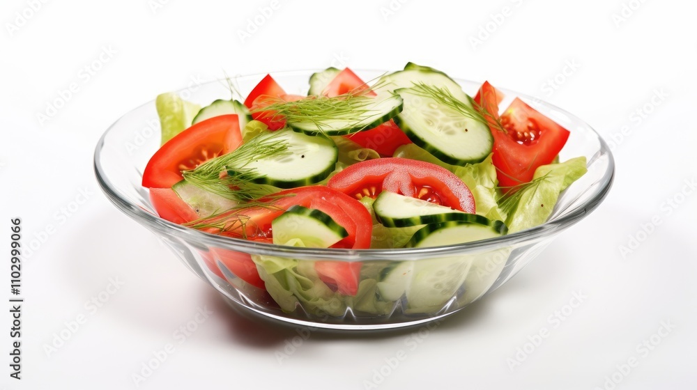 Fresh tomato cucumber and lettuce salad elegantly arranged in a glass bowl on a pristine white background for healthy dining ideas