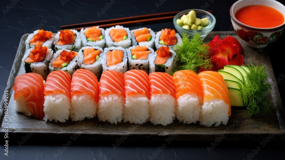 Homemade sushi platter with rice raw salmon vegetables and garnishes served on a wooden board with chopsticks and dipping sauce Homemade sushi platter with rice raw salmon vegetables and garnishes served on a wooden board with chopsticks and dipping sauce