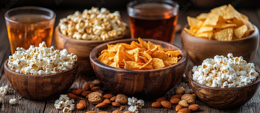 Relaxing snack time with a variety of nuts popcorn chips and refreshing drinks served in rustic wooden bowls on a textured wooden table Relaxing snack time with a variety of nuts popcorn chips and refreshing drinks served in rustic wooden bowls on a textured wooden table