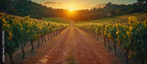 Scenic vineyard pathway at sunset showcasing lush green grape fields offering serene countryside relaxation and natural beauty photo