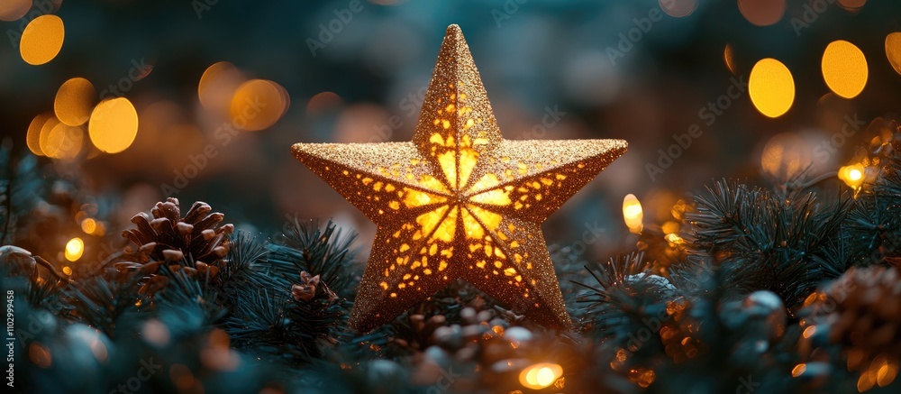 Illuminated decorative star symbolizing winter festivities with warm glowing lights and pinecones on a serene holiday background Illuminated decorative star symbolizing winter festivities with warm glowing lights and pinecones on a serene holiday background