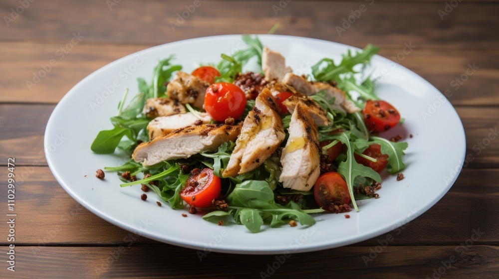 Grilled chicken salad with arugula cherry tomatoes basil seeds presented on a white plate on rustic wooden table background Grilled chicken salad with arugula cherry tomatoes basil seeds presented on a white plate on rustic wooden table background