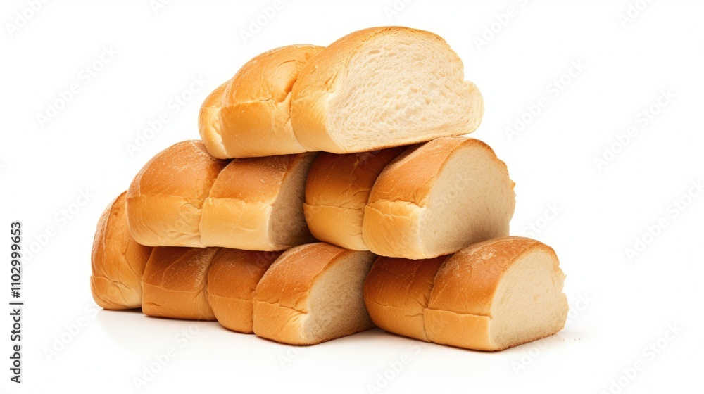 Freshly baked bread loaves arranged in a neat stack isolated on a clean white background ideal for food and bakery promotions Freshly baked bread loaves arranged in a neat stack isolated on a clean white background ideal for food and bakery promotions