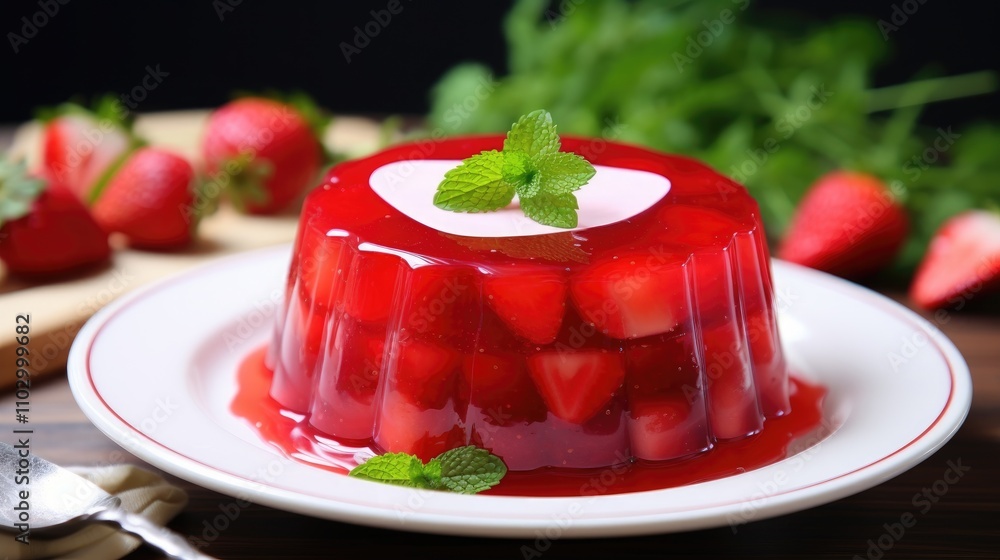 vibrant strawberry jelly dessert with fresh mint leaves garnished on a white plate surrounded by ripe strawberries on a wooden table vibrant strawberry jelly dessert with fresh mint leaves garnished on a white plate surrounded by ripe strawberries on a wooden table