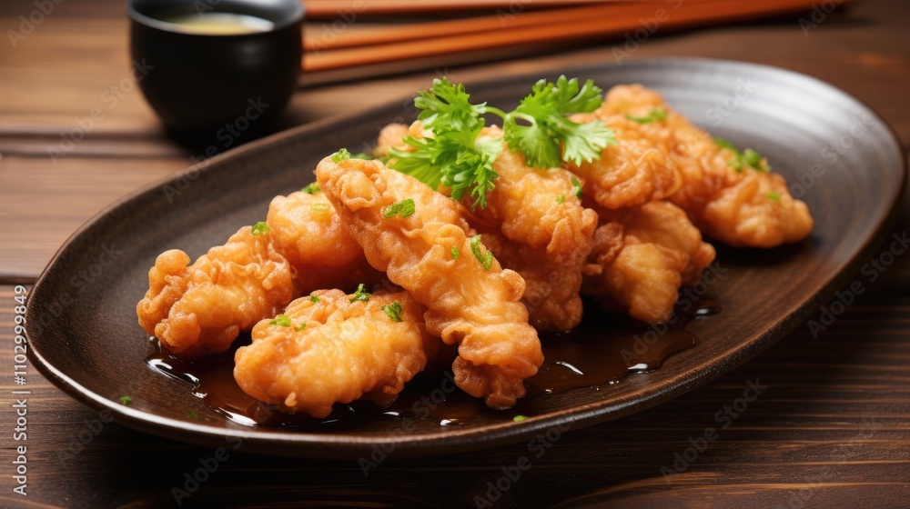 Tempura Chicken Platter Crispy Deep Fried Chicken Garnished with Fresh Parsley on Elegant Plate Tempura Chicken Platter Crispy Deep Fried Chicken Garnished with Fresh Parsley on Elegant Plate