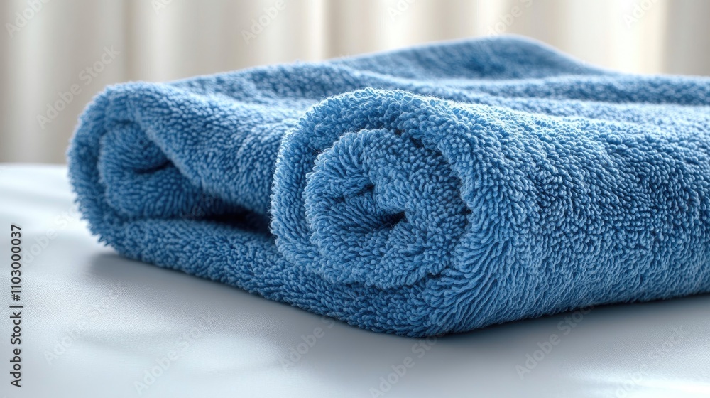Blue towel neatly rolled on a soft surface showcasing texture and color ideal for spa or beach themes with space for customization. Blue towel neatly rolled on a soft surface showcasing texture and color ideal for spa or beach themes with space for customization.
