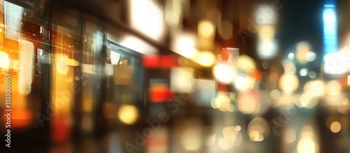 Blurred department store lights creating a vibrant urban atmosphere at night with colorful reflections and soft bokeh effects.