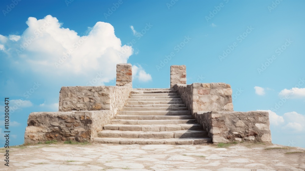 Ancient stone stairs ascending towards a clear blue sky in a historic setting Vertical color photography of a scenic path Ancient stone stairs ascending towards a clear blue sky in a historic setting Vertical color photography of a scenic path