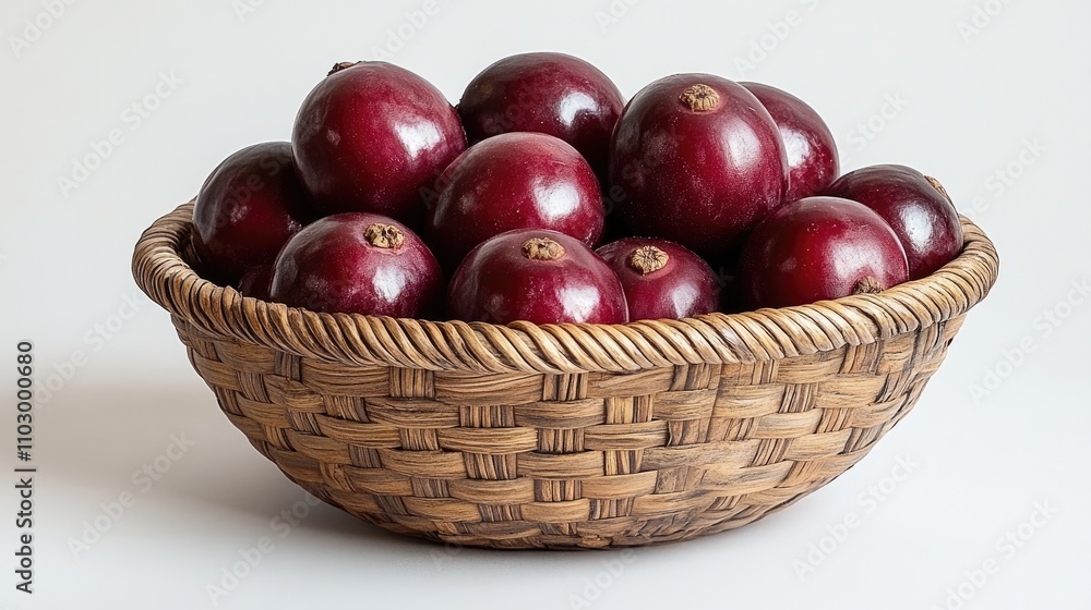Ripe jujube fruits arranged in a rustic woven basket showcasing their rich color and texture against a clean background Ripe jujube fruits arranged in a rustic woven basket showcasing their rich color and texture against a clean background