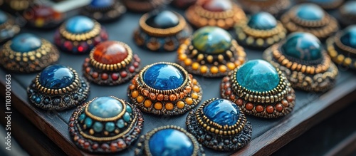 Handcrafted decorative jewelry showcasing vibrant colors and intricate designs featuring unique gemstones and artisanal craftsmanship photo