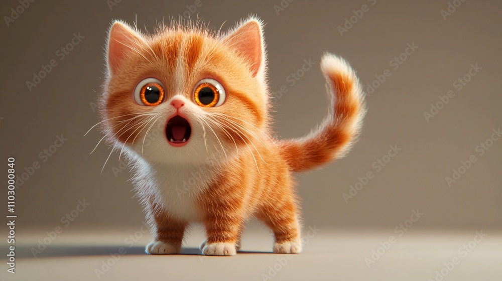 14.A little red cat standing on two legs with a surprised look on its face, featuring big orange eyes, an open mouth, and a fluffy white belly. The cat's striped tail sways behind it, and the 3D 14.A little red cat standing on two legs with a surprised look on its face, featuring big orange eyes, an open mouth, and a fluffy white belly. The cat's striped tail sways behind it, and the 3D