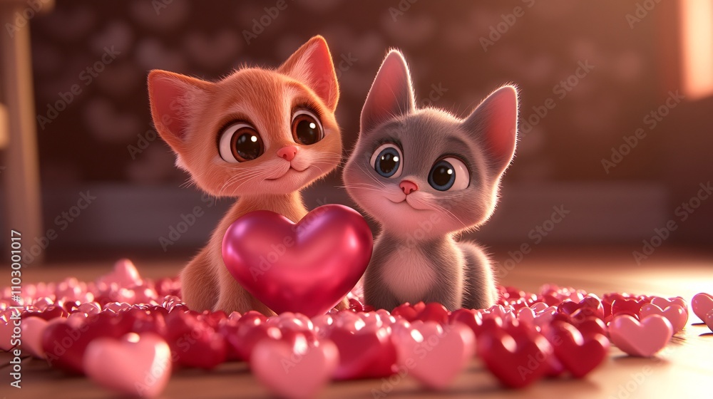24.A lovable puppy and kitten sitting side by side, surrounded by heart-shaped decorations. The kitten is pink, with big, round eyes, and the puppy has floppy ears, both rendered in a playful 3D 24.A lovable puppy and kitten sitting side by side, surrounded by heart-shaped decorations. The kitten is pink, with big, round eyes, and the puppy has floppy ears, both rendered in a playful 3D