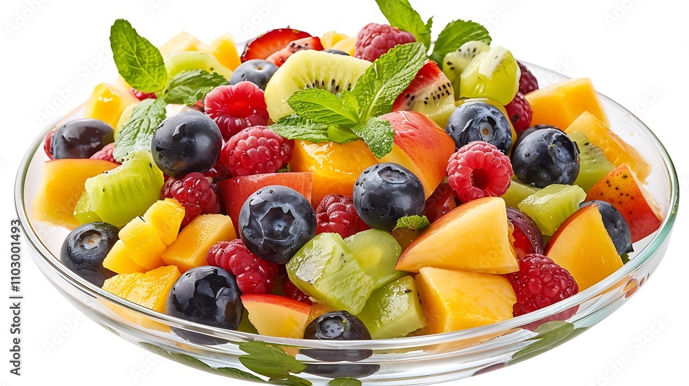 A fresh and appetizing fruit salad with a mix of seasonal fruits, arranged attractively against a white transparent background A fresh and appetizing fruit salad with a mix of seasonal fruits, arranged attractively against a white transparent background