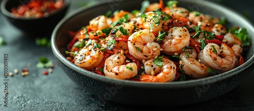 Thai Style Salad with Prawns Papaya and Chili Garnished with Fresh Herbs and Spices