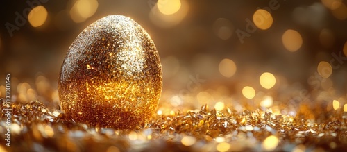 Golden Easter egg surrounded by shimmering golden background, symbolizing celebration and luxury during the Easter holiday season.