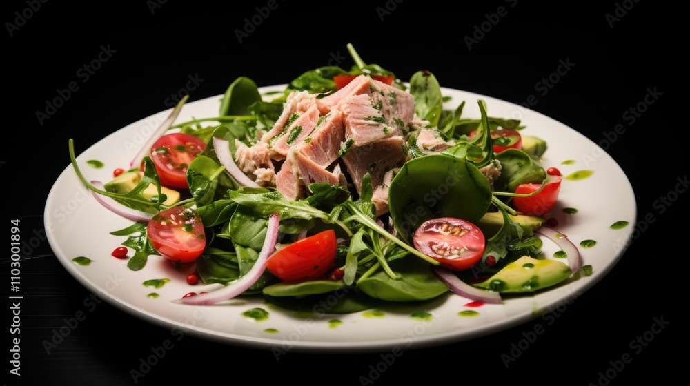 Tuna salad with fresh vegetables on a plate garnished with herbs and drizzled dressing against a black background Tuna salad with fresh vegetables on a plate garnished with herbs and drizzled dressing against a black background