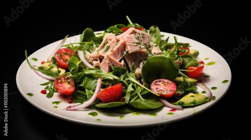 Tuna salad with fresh vegetables on a plate garnished with herbs and drizzled dressing against a black background