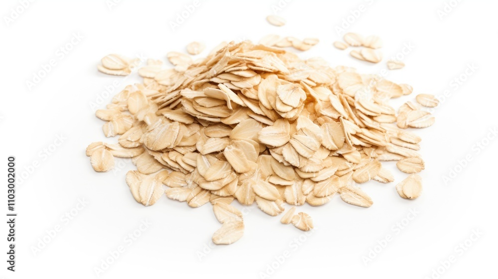 Oat flakes arranged in a pile showcasing their texture and color against a clean white background for culinary or health concepts Oat flakes arranged in a pile showcasing their texture and color against a clean white background for culinary or health concepts