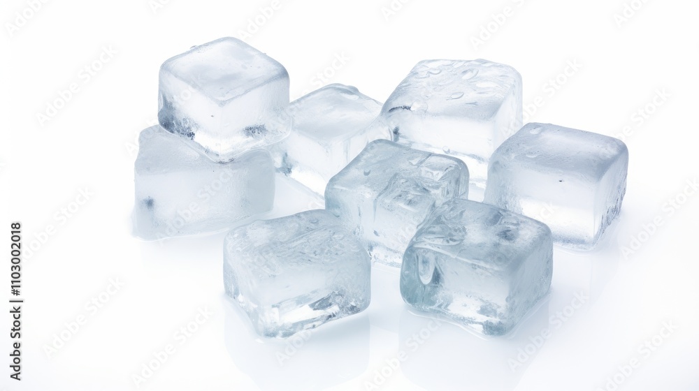 Clear ice cubes arranged on a white background showcasing transparency and purity for beverage and culinary presentations. Clear ice cubes arranged on a white background showcasing transparency and purity for beverage and culinary presentations.