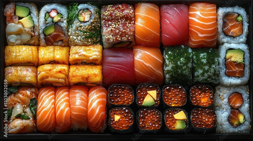 Assorted sushi platter featuring a variety of traditional rolls and seafood delicacies arranged in an elegant presentation. Assorted sushi platter featuring a variety of traditional rolls and seafood delicacies arranged in an elegant presentation.