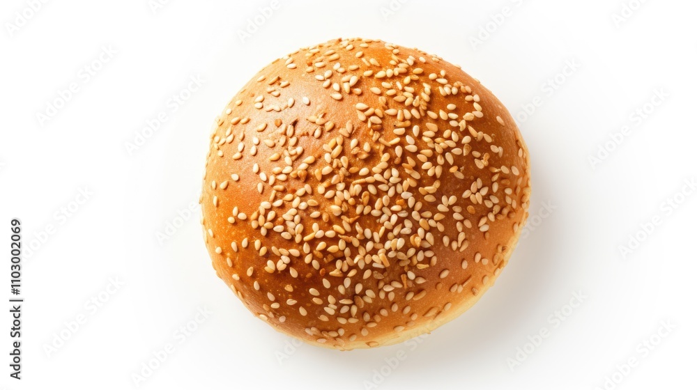 Freshly baked sesame seed hamburger bread bun with a golden brown hue captured from a top view on a clean white background Freshly baked sesame seed hamburger bread bun with a golden brown hue captured from a top view on a clean white background