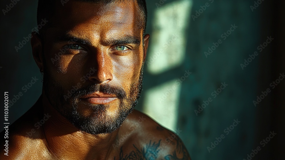Muscular male with tattoos in studio portrait showcasing strong features and dramatic lighting against a shadowed backdrop Muscular male with tattoos in studio portrait showcasing strong features and dramatic lighting against a shadowed backdrop