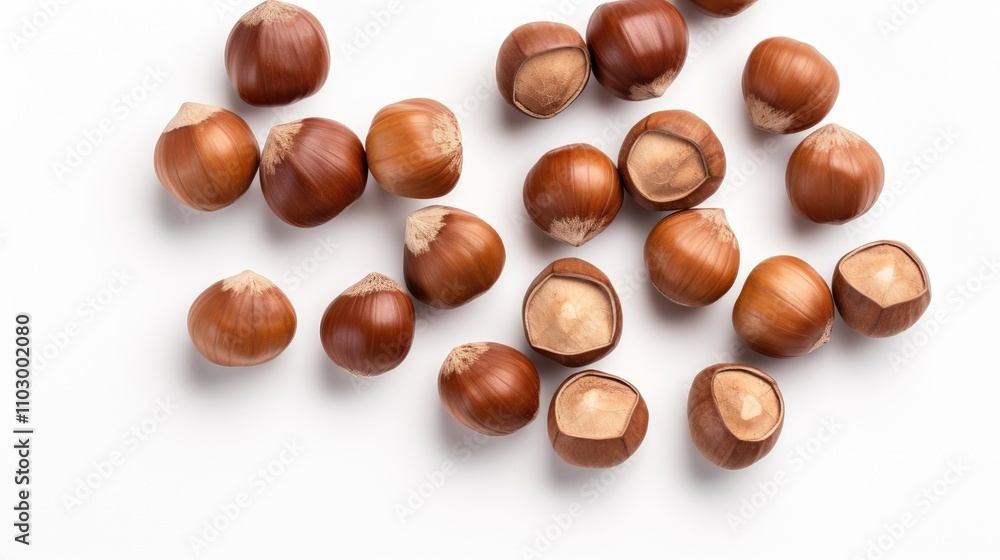 Hazelnuts arranged on a white background showcasing texture and detail for culinary or health-related design projects Hazelnuts arranged on a white background showcasing texture and detail for culinary or health-related design projects