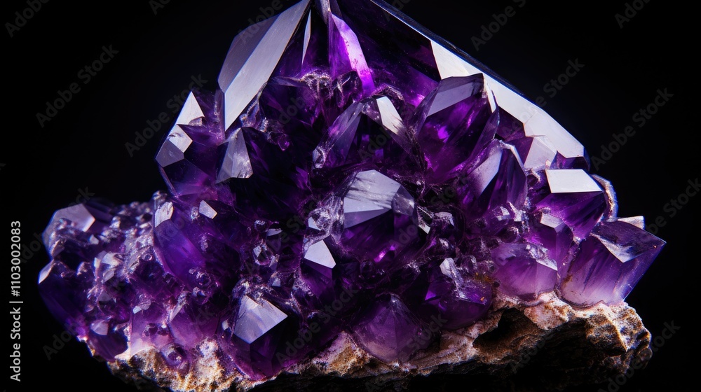 Close-up of an amethyst crystal cluster showcasing intricate details against a sleek black background for a striking visual effect Close-up of an amethyst crystal cluster showcasing intricate details against a sleek black background for a striking visual effect