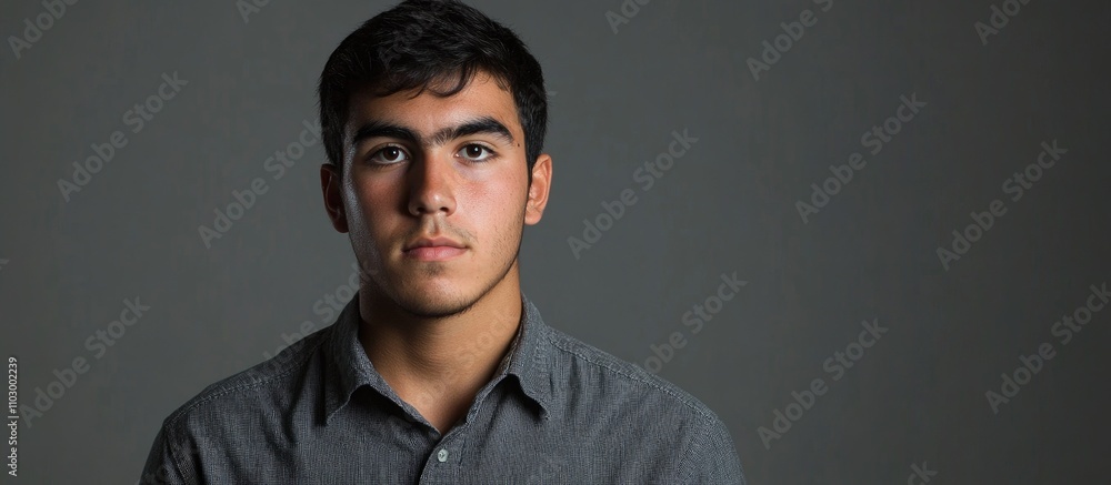 Obraz premium Young man in casual shirt poses thoughtfully against a solid gray background showcasing modern portrait style and youthful expression.