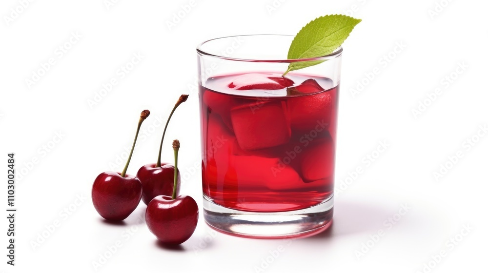 Refreshing cherry juice in a glass with ice cubes accompanied by fresh cherries on a white background