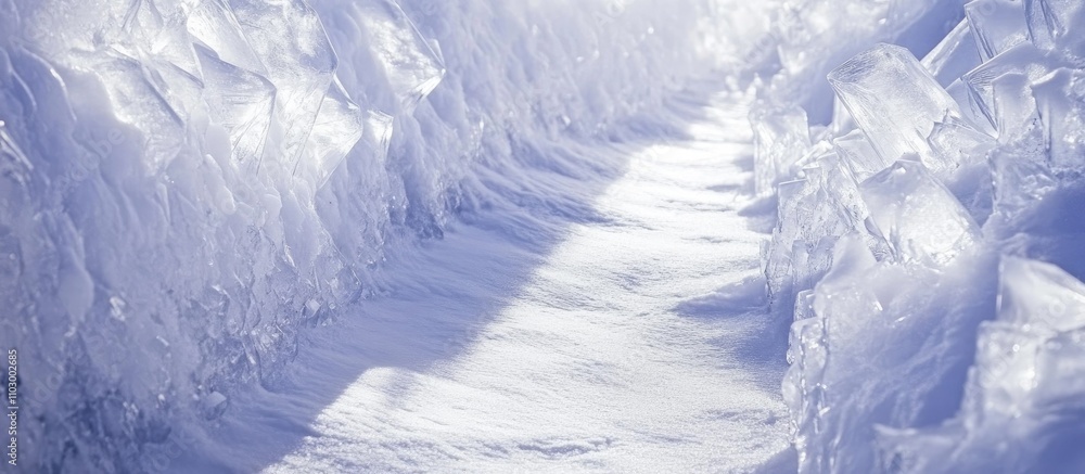 Fototapeta premium Clear ice crystals shimmering on a snow path illuminated by natural light showcasing winter's serene beauty and intricate textures