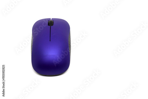 Close-up of a sleek purple wireless computer mouse set against a white background, symbolizing modern technology and digital innovation. Perfect for tech and electronic device themes.