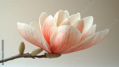 Delicate pink magnolia flower showcasing intricate petals against a soft white background highlighting its natural beauty and elegance.