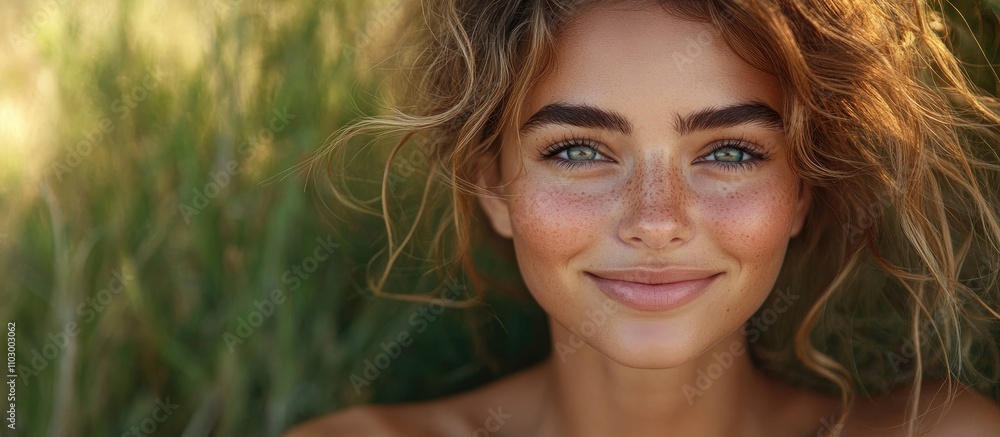 Joyful woman with freckles smiling in a lush green garden showcasing natural beauty and vibrant surroundings during sunny day. Joyful woman with freckles smiling in a lush green garden showcasing natural beauty and vibrant surroundings during sunny day.