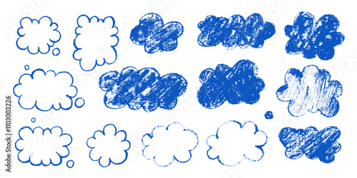 Set of hand drawn  blue clouds, sky. Scribble chalk, crayon childish style.