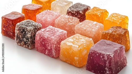 Assorted colorful crystalline beef gelatines arranged on a white background showcasing texture and vibrant hues photo