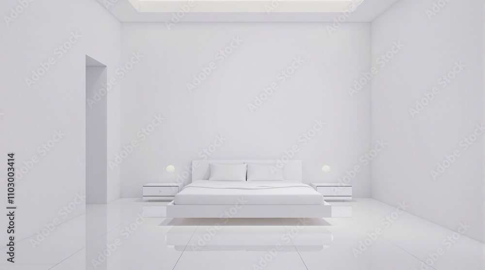 Minimalist bedroom with white walls and a single bed in the center, relaxation, simplicity, minimal furniture Minimalist bedroom with white walls and a single bed in the center, relaxation, simplicity, minimal furniture