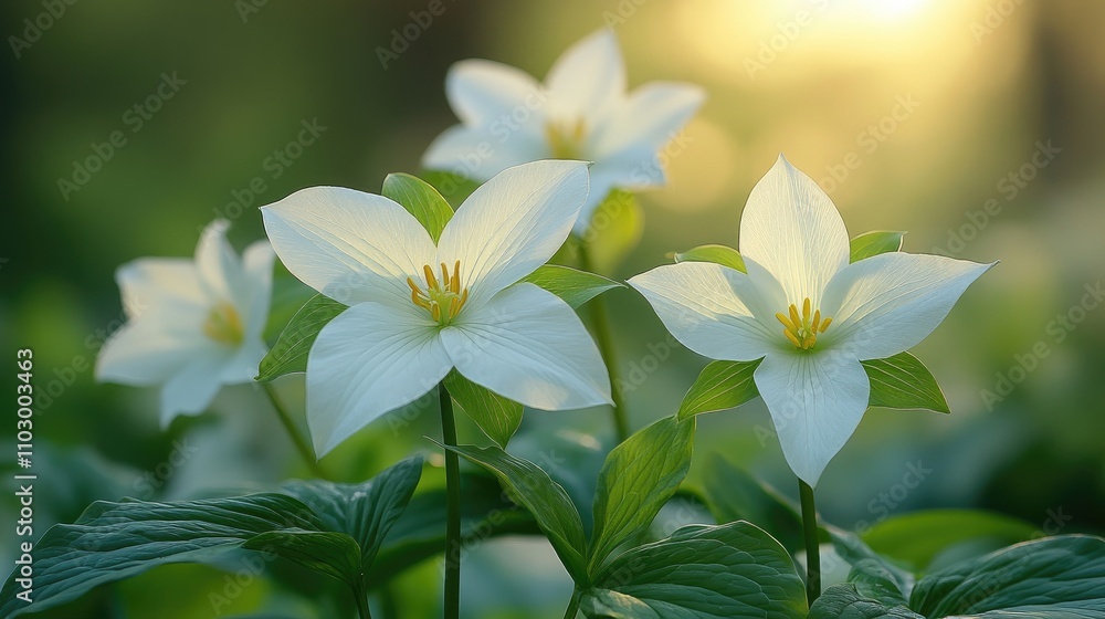 Large flowered Trillium Flore Pleno variety in soft sunlight creating a serene garden ambiance with lush green leaves and delicate blooms Large flowered Trillium Flore Pleno variety in soft sunlight creating a serene garden ambiance with lush green leaves and delicate blooms