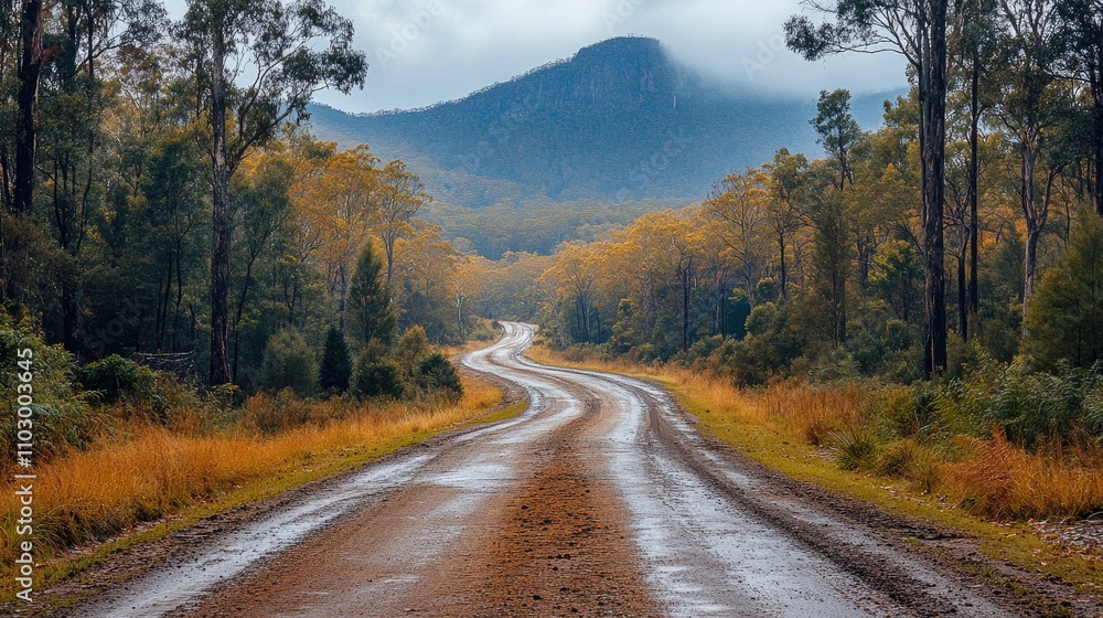 Obraz premium Scenic winding road through a tranquil national park surrounded by lush greenery and misty mountains showcasing natural beauty.