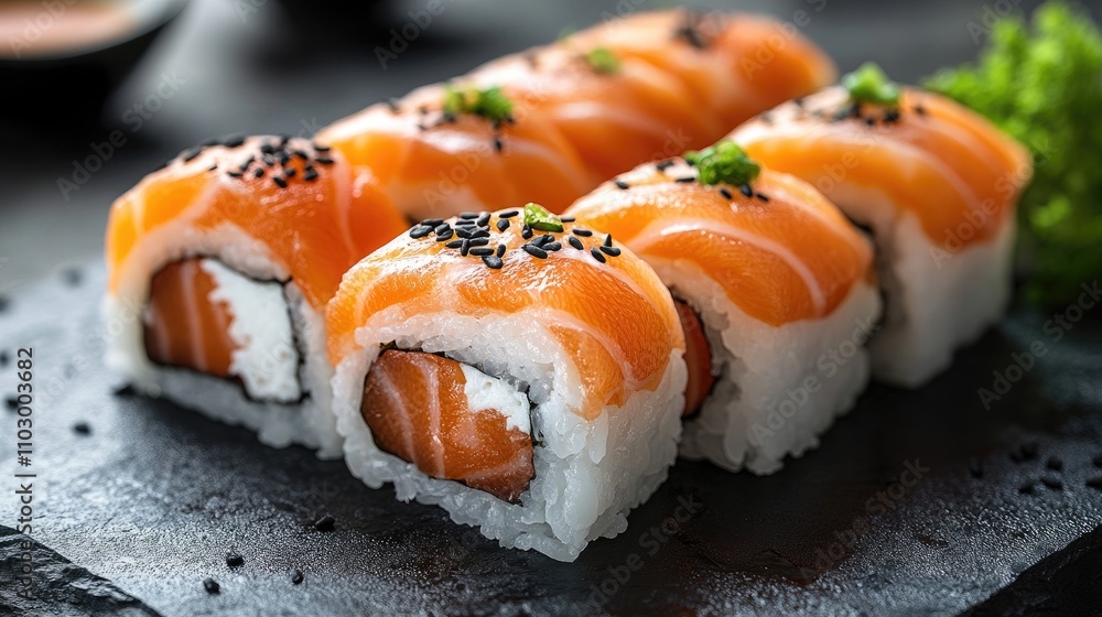 Fresh salmon sushi rolls garnished with sesame seeds on a slate plate perfect for food photography and gourmet presentations. Fresh salmon sushi rolls garnished with sesame seeds on a slate plate perfect for food photography and gourmet presentations.