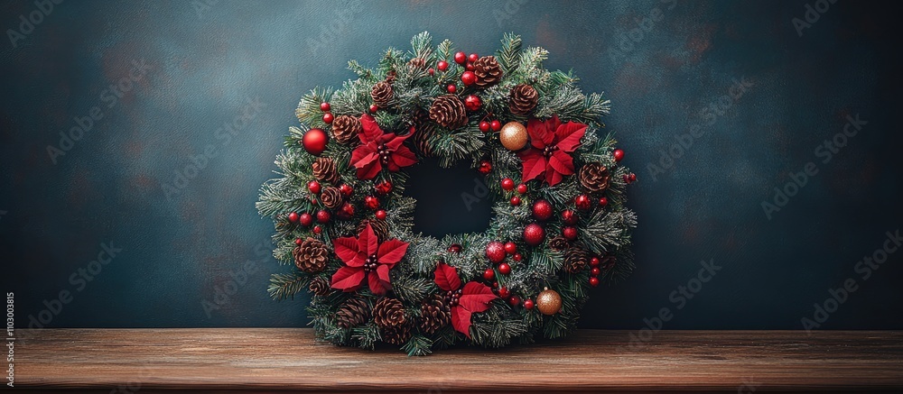 Elegant Christmas wreath adorned with red accents and pinecones displayed on a rustic wooden table against a dark background.