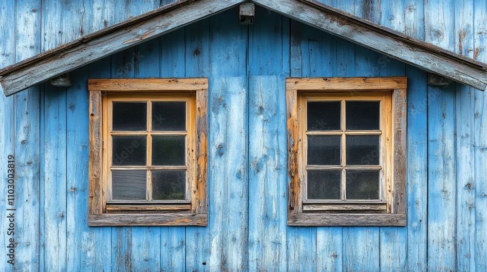 Rustic blue wooden village house with two charming windows showcasing plank construction on a white background Rustic blue wooden village house with two charming windows showcasing plank construction on a white background