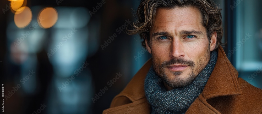 Stylish man with tousled hair and scarf posing confidently in urban setting showcasing modern winter fashion trends Stylish man with tousled hair and scarf posing confidently in urban setting showcasing modern winter fashion trends