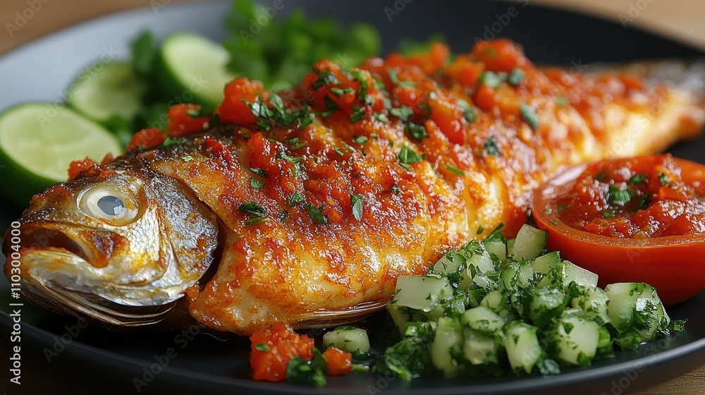Deliciously fried fish garnished with fresh herbs, served with vibrant vegetables and zesty sauce on a sleek black plate Deliciously fried fish garnished with fresh herbs, served with vibrant vegetables and zesty sauce on a sleek black plate