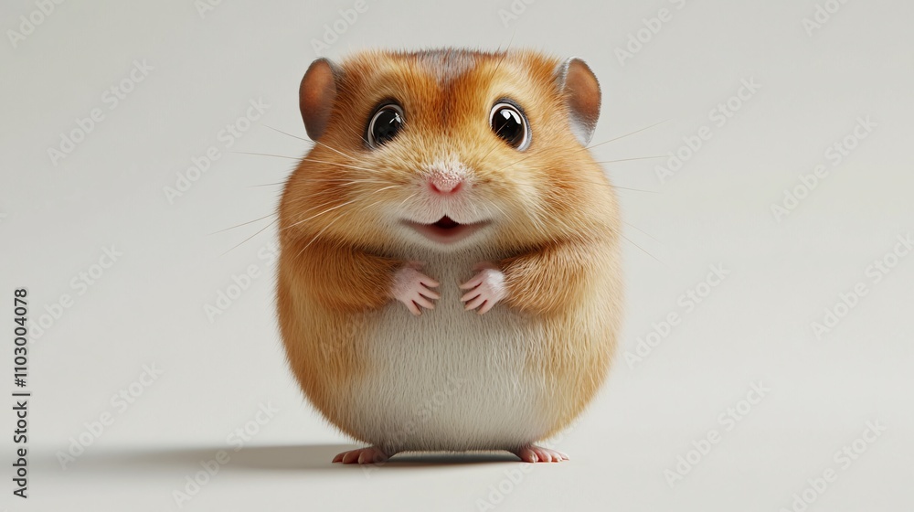 110.A realistic 3D rendering of a cute, round hamster with fluffy fur and a mischievous expression, standing on a plain, isolated background. The hamster tiny paws and bright eyes give it a playful 110.A realistic 3D rendering of a cute, round hamster with fluffy fur and a mischievous expression, standing on a plain, isolated background. The hamster tiny paws and bright eyes give it a playful