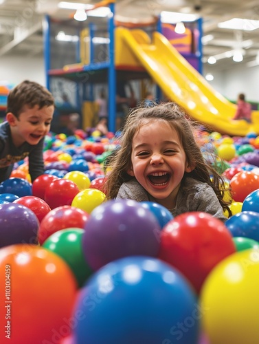 A lively scene unfolds in an indoor play area where children gleefully laugh and play amidst scattered colorful balls and a towering slide, embodying pure joy and energy.