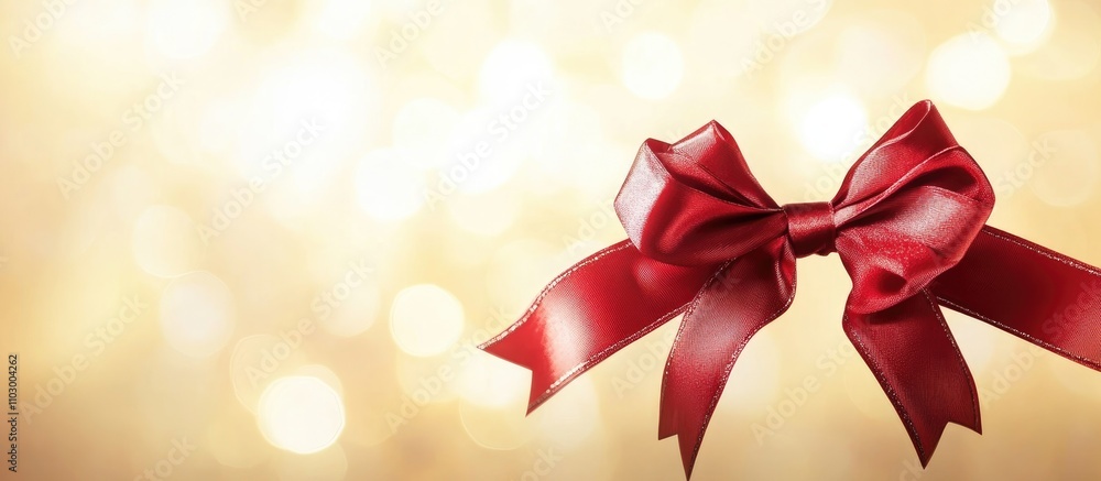 Elegant red Christmas bow on a soft golden background with blurred lights creating a festive and cheerful atmosphere for holiday celebrations. Elegant red Christmas bow on a soft golden background with blurred lights creating a festive and cheerful atmosphere for holiday celebrations.