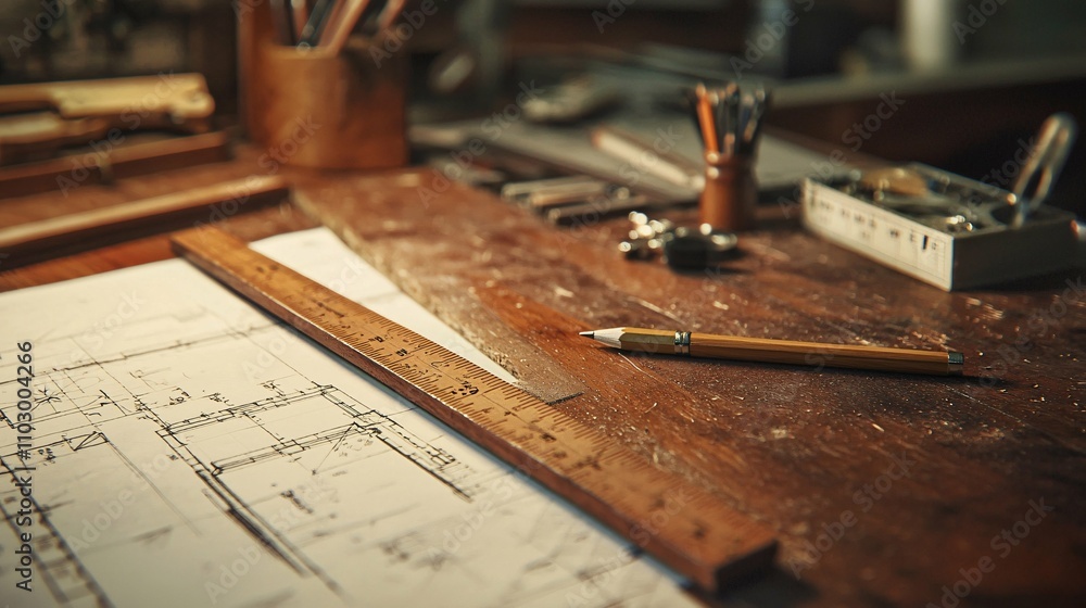 A close-up of a wooden ruler on a tidy drafting table surrounded by architectural blueprints, a pencil, and a compass, highlighting precision in a creative workspace. A close-up of a wooden ruler on a tidy drafting table surrounded by architectural blueprints, a pencil, and a compass, highlighting precision in a creative workspace.